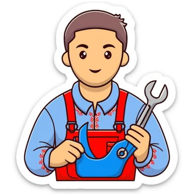 Ukrainian craftsman wearing traditional embroidered vyshyvanka shirt holding a spanner wrench and red scissors sticker