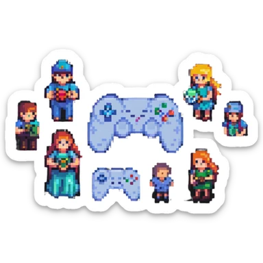 Gaming platform logo for 'qbix88' with controller, trophy and group of players in pixel art style sticker