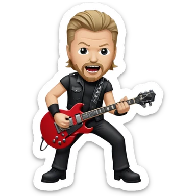 Create a bold and energetic emoji representing James Hetfield with his iconic guitar. The design should feature James Hetfield holding his famous ESP Explorer guitar, known for its sharp, angular body shape. The emoji should convey a sense of power and energy, with James positioned in a strong, rockstar pose, playing with passion. Add subtle elements like a microphone stand, amplifier, or stage lighting to reflect the live performance vibe. Use dark, metallic colors like black, silver, and red, reflecting the heavy metal aesthetic. The background should be transparent. sticker