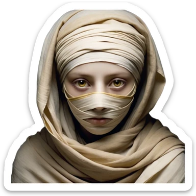 Regal and timeless, fully wrapped in meticulously aged bandages, even its face veiled in layers of ancient cloth with only faint glimpses of deep, solemn eyes peering through, adorned with faded gold accents, exuding an air of forgotten majesty and solemn duty, highly detailed, softly glowing, evoking the dignified mystery of an eternal guardian watching over lost secrets! sticker