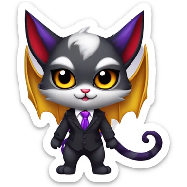Cute-Evil-Vampiric-Batty-Cat-Black-Purple-Red-Grey-White-Yellow-Contrast-Colors-Fantasy-Fur-Sona-Chibi-Shiny-Fakémon-Hybrid with horns and big fangs neck tie leg spats full body sticker