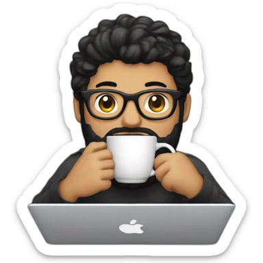 Designer with black hair, beard and glasses working with MacBook and drinking cappuccino  sticker