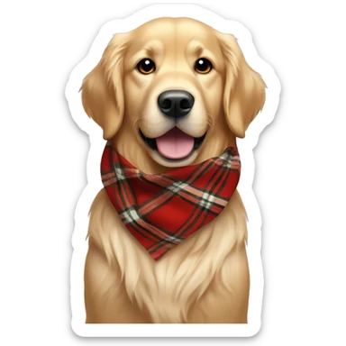 Cream color Golden retriever wearing a red plaid scarf sticker