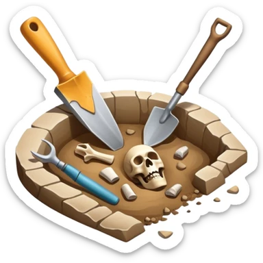 An icon featuring an excavation site with a trowel and ancient artifacts, like pottery and bones, scattered around. The design includes a partially uncovered fossil and a digging brush, symbolizing the discovery of history through archaeology. Transparent background  sticker