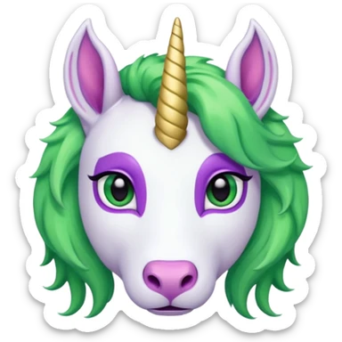 white furred unicorn with green hair and big purple earrings looking into camera and big horn and big earrings sticker