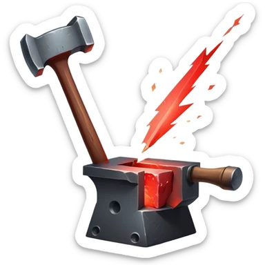 Blacksmithing icon, piece of metal being hammered on an anvil, blacksmith's hammer, sparks flying, glowing red metal, forge in the background, minimalistic style, clean lines, transparent background. sticker