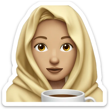 Blonde hair long  tan skin  black eyes inside a blanket sipping coffee eyes closed sticker