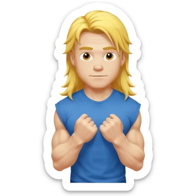 young guy with biceps fkexing, long yellow hair, blue t-shirt sticker