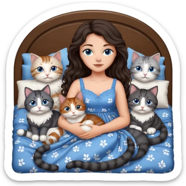 detailed realistic looking a dark grey and white cat regally laying with six other cats, cuddling with their owner in bed who is a pretty bratz lightly tanned white girl with long dark brown hair, blue eyes and gorgeous long wavy hair wearing a pretty detailed dress sticker