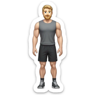 Full height Pale skinned fit man With biceps, Realistic eyes and mouth, light brown hair and stubble In dark gray sleeveless mike, black oversize sports shorts, watch and white sneakers. sticker