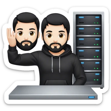 hackeur blanc cheveux noir barbe et capuche noir à côté d'un server sticker