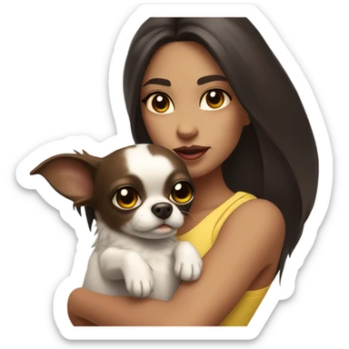 A girl with long very dark brown hair, big brown eyes, very big lips wearing a white singlet top, she is holding a small very chihuahua that is solid yellow sticker
