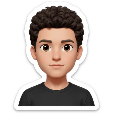 a white boy with short, dark curly hair, and dark brown eyes, wearing a black T-shirt. sticker