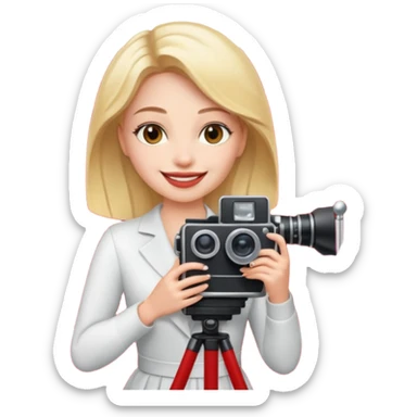 an actress standing on a red carpet, smiling, with a film camera next to her. sticker