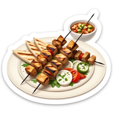 cinematic-realistic-souvlaki-dish-emoji,-showcasing-skewered,-2 grilled-chicken-with-mediterranean-spices-rendered-with-dynamic-textures-and-warm,-appetizing-lighting on pita bread on a plate sticker