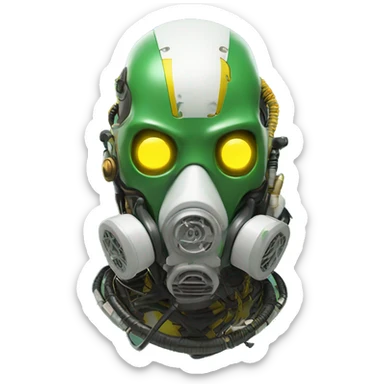 Green skin cyborg head with dark yellow Mohawk, white respirator mask and circuitry sticker