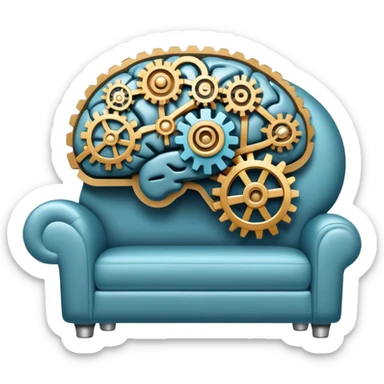 An icon featuring a brain with gears, a mind map, and a therapy couch, symbolizing psychology. The design includes a set of mental health tools, representing understanding the human mind. Transparent background sticker