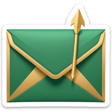 3D minimal envelope icon slightly open with subtle upward arrow coming out, matte finish, deep green (#0B3D2C), gold (#C9B037) arrow accent, Apple style, ultra sleek and clean, soft shadow, transparent background sticker