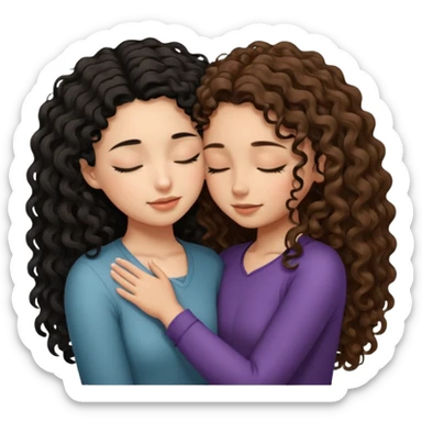 Both girls eyes closed facing each other foreheads touching Girl with really long black curly wavy hair taller and light brown tan skin hugging another girl with medium length brunette curly hair short and long eyelashes sticker