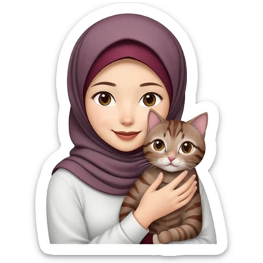 Asian white Girl wearing dark maroon hijab with white shirt smiling while holding a black brown grey tabby cat sticker