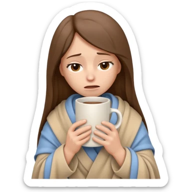 emoji-style illustration of a sad crying woman with long straight brown hair, wrapped in a cozy beige blanket, holding a mug cup, minimalistic look, front-facing, soft 3D cartoon rendering, plain background sticker