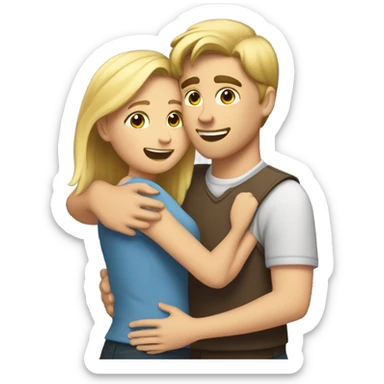 The girl hugs the guy. The girl has brown hair, and the guy has blonde hair. sticker