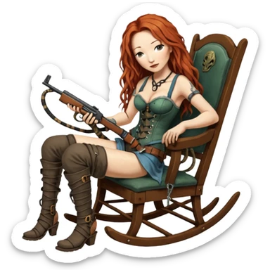 solarpunk ultra HD very old and tired Tori Amos casually crouches on a rocking chair in a torn corset, holding a lintlock double-barreled rifle and with muddy feet. a bronze snake wrapped itself around the chair sticker