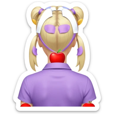 back view of a person with a high light blonde ponytail, wearing a pastel purple shirt, iOS Apple emoji style sticker