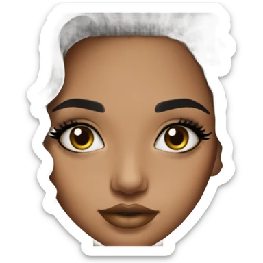 girl with black hair, olive skin, lashes and eyeliner full face of makeup, brown lip liner, black shirt sticker