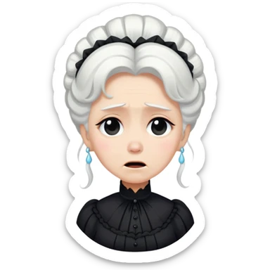 A Victorian woman with coiffed white hair wearing a modest black mourning dress sobbing with tears streaming down her face sticker