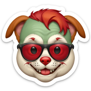 Zombie dog with sun glasses and red hair and joker nose sticker