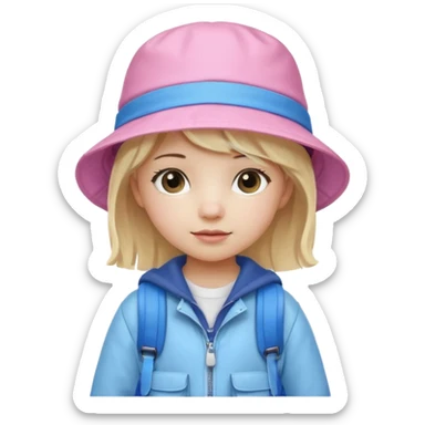 A little girl student white skin, blonde hair, with pink bucket hat, white jacket, blue backpack sticker