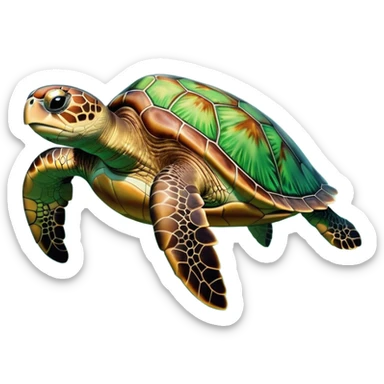 cinematic-sea-turtle-realistic-full-body-swimming-emoji,-graceful-streamlined-body-gliding-through-crystal-clear-waters,-large-flippers-moving-in-fluid-motion,-smooth-green-and-brown-patterned-shell-glowing-in-the-sunlight,-gentle-dark-eyes-filled-with-deep-wisdom,-bubbles-trailing-in-its-wake,-simplified-yet-realistic-focused-features,-highly-detailed,-glowing-with-an-oceanic-serene-light sticker