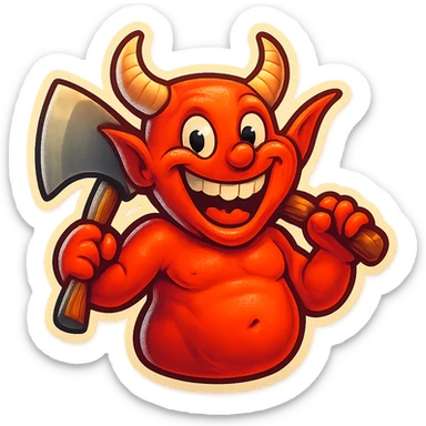Edit the demon to appear funny and cheerful, with a wide Joker-style smile and a silly, joyful expression. Retain the axe, add a colorful, cartoonish touch. sticker
