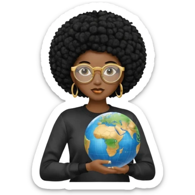 a young woman wearing gold round glasses and black afro hair, she has light black skin, she's wearing a professional sweater and she's holding a globe in her hand sticker
