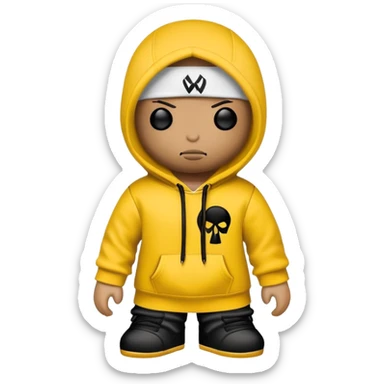 voodoo doll wearing wu-tang clan yellow and black hoodie with W logo sticker