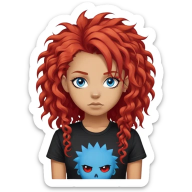punk-girl with long curly red hair and blue eyes, in a black punk t-shirt sticker