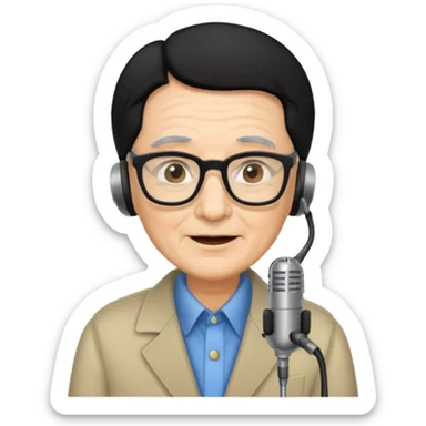 Un locutor de radio,edad avanzada,  pelo negro, con gafas, sticker