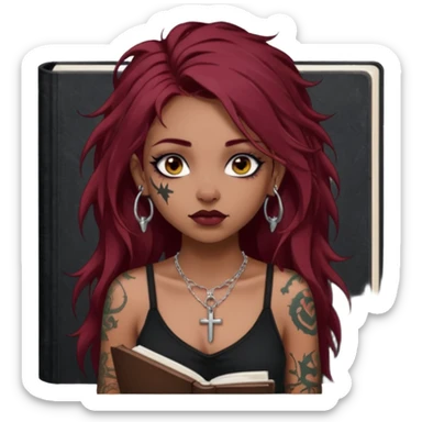 generate an ios genmoji of a dusky girl with long dark red messy hair with eyeliner on her eyes. septum piercing, wearing a cami black top, has tattoos, on shoulders. ear piercings. wearing a cross silver necklace. carrying a lot of sketchbooks


no tattoos on face sticker