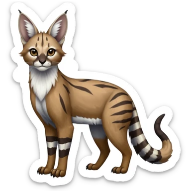 Realistic patterned marked edgy greyish blackish whitish silvery coppery Shiny Colorful Glossy Genet-Caracal-Lion-Bobcat-fusion-animal-hybrid-creature, full body, big-tufted-bat-ears, long-thin-tufted-white-tipped-tail sticker