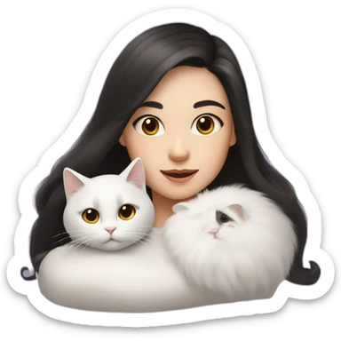 A girl with long dark hair and a white fluffy cat is lying on her left shoulder and neck sticker