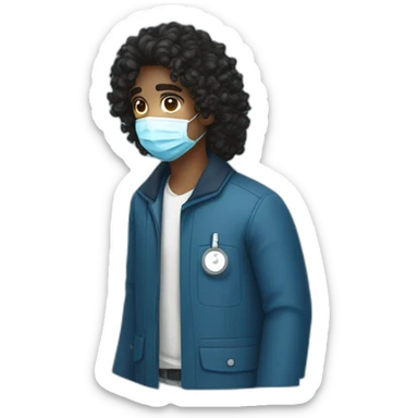 A dark young man with long curly hair, wearing a blue jacket and a medical mask sticker