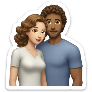 A 1m52 white woman with straight, shoulder-length brown hair kissing a 1m80 tanned man with curly brown hair sticker