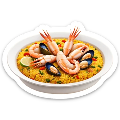 cinematic-realistic-paella-dish-emoji,-depicted-as-a-vibrant,-aromatic-rice-dish-loaded-with-seafood,-chicken,-and-saffron-rendered-with-rich-textures-and-dynamic,-warm-lighting with a lemon slice in the middle sticker