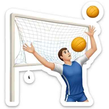 A handball thrown towards the goal by close-up hand, with the goalposts and court lines in the background. The scene captures the power and precision of the throw, with the net of the goal in focus, emphasizing the dynamic action of the sport. sticker