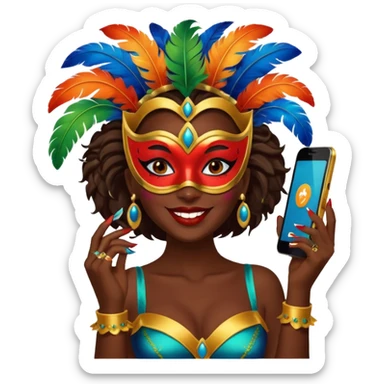 i need the same girl in "dark skin girl, dark red lipstick, nails very beautiful" to be smiling in "carnival mas costume, blue, green and orange preferably, full costume feathers at the back" she is to be smiling and happy with a phone in her hand taking a pico  sticker