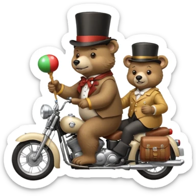 A bear wearing a top hat and holding maracas while on the back of an old lady who is driving a motorcycle sticker