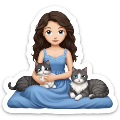 detailed realistic looking a dark grey and white cat regally laying with six other cats, cuddling with their owner in bed who is a pretty bratz lightly tanned white girl with long dark brown hair, blue eyes and gorgeous long wavy hair wearing a pretty detailed dress sticker