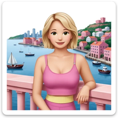 jennifer lawrence, pink crop top leaning on a balcony with a harbor and cityscape in the background, smiling sticker