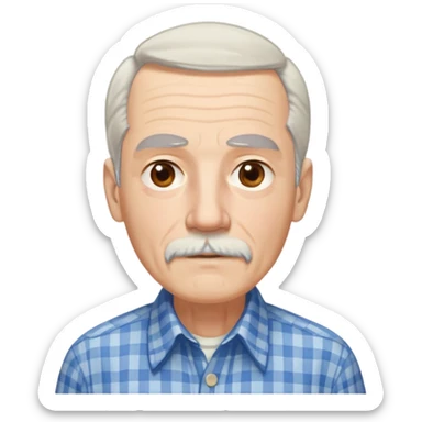 Thin elderly man with light skin. Elongated face with kind expression. Light brown eyes. Thin eyebrows. White goatee and white mustache. Fine straight gray-white hair with bangs, hair is long and goes past his ears. Slim build. Wearing a blue and beige checkered button-up shirt. sticker